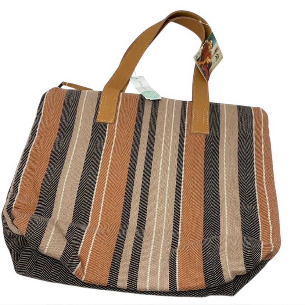 NWT Mercado Global Angela Tote Tan Canvas Leather Straps Chevron Pattern